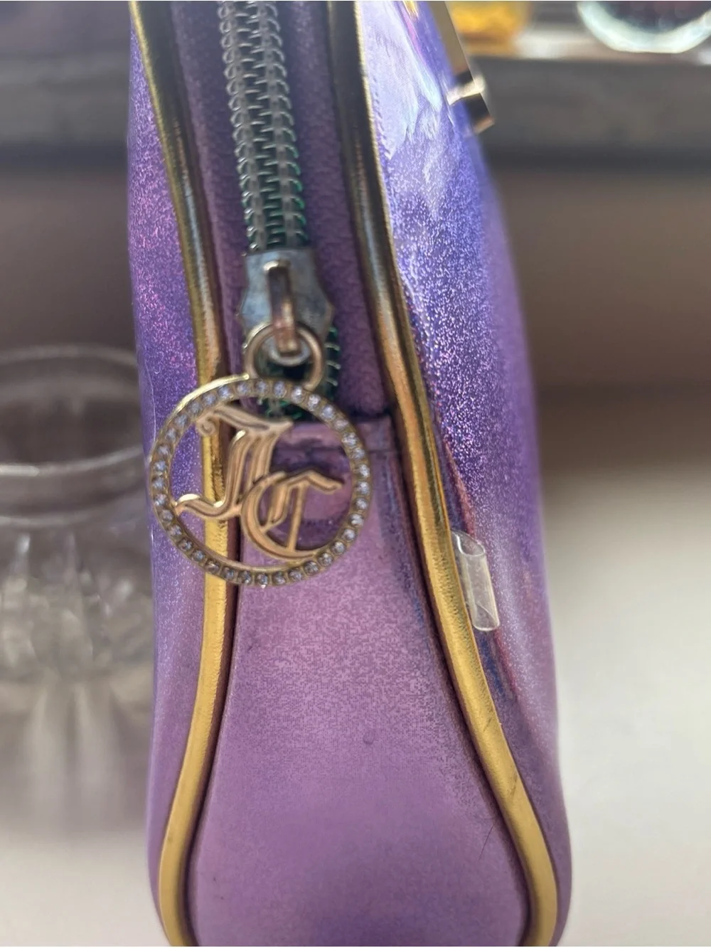 Juicy Couture Cosmetic Bag Purple/Gold Travel Makeup Toiletry Bag Top Zip Pouch